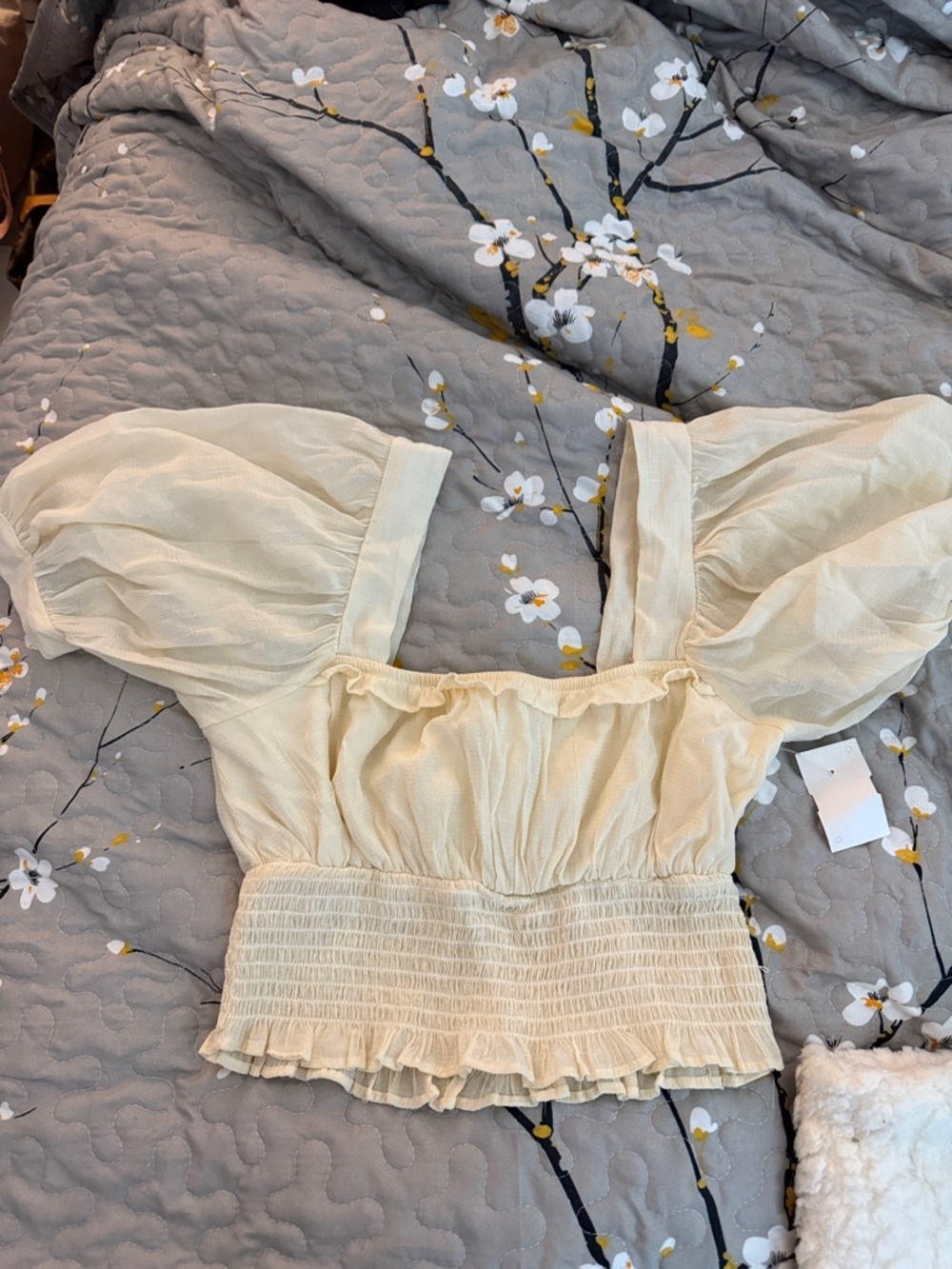 Cream Puff-Sleeve Smocked Waist Women's Top